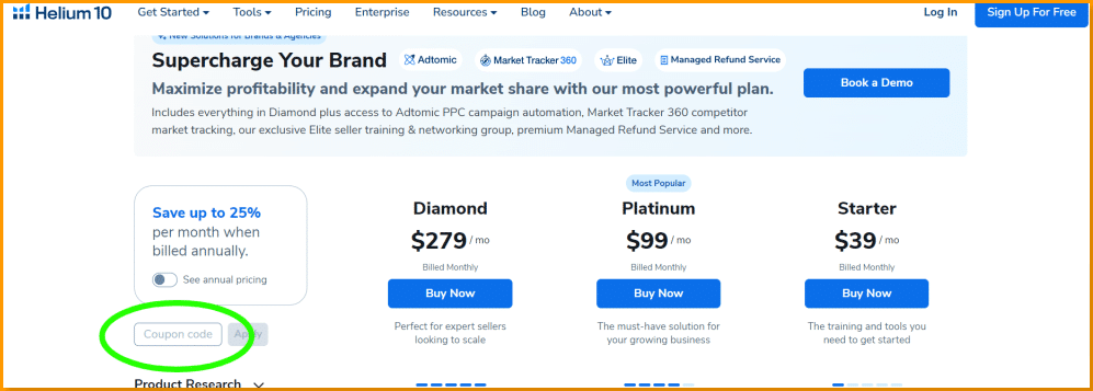 Helium 10 Discount Code Option and Page.png